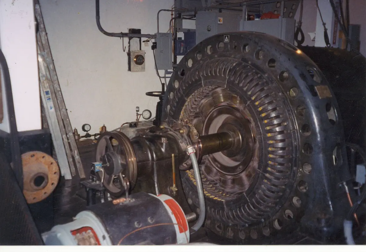 The generator inside the powerhouse at the top of Bridal Veil Falls, photographed on film by the uploader.