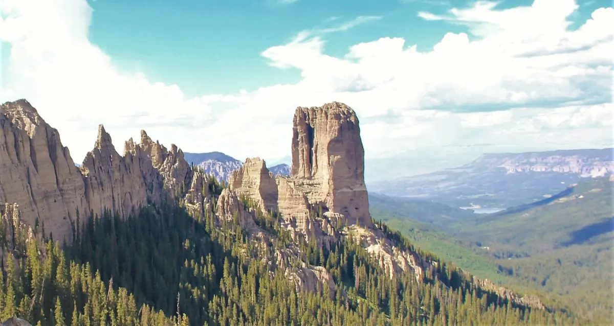 Chimney Rock seen from Courthouse Trail No. 218 in the Uncompahgre National Forest.