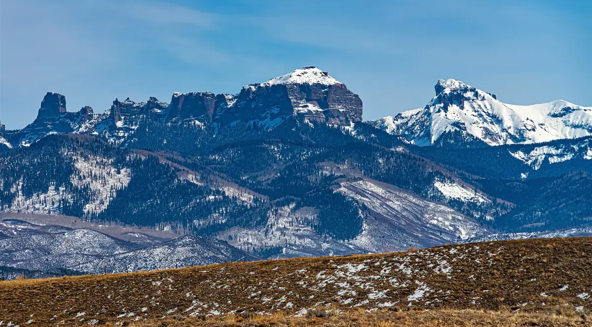 Chimney Rock (left), Courthouse Mountain (center) and Precipice Peak (right) in the San Juan Mountains.