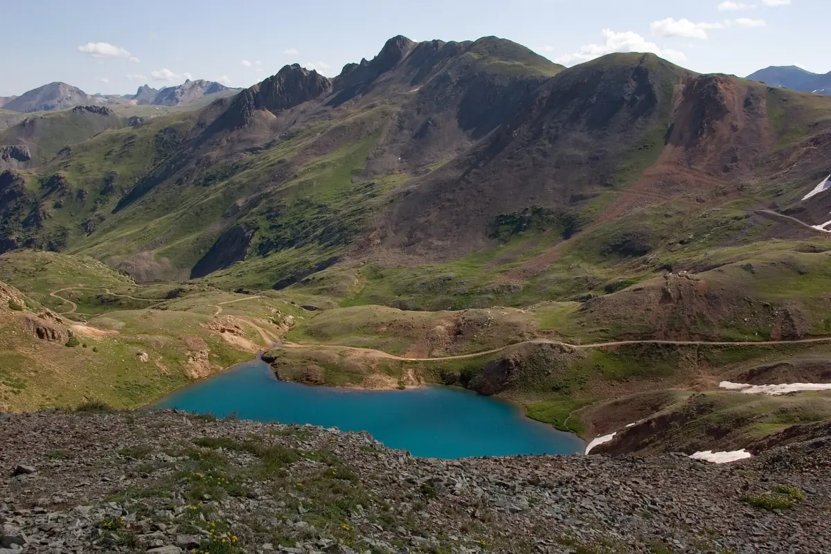 Lake Como seen from the road along Hurricane Ridge, near the head of Poughkeepsie Gulch.