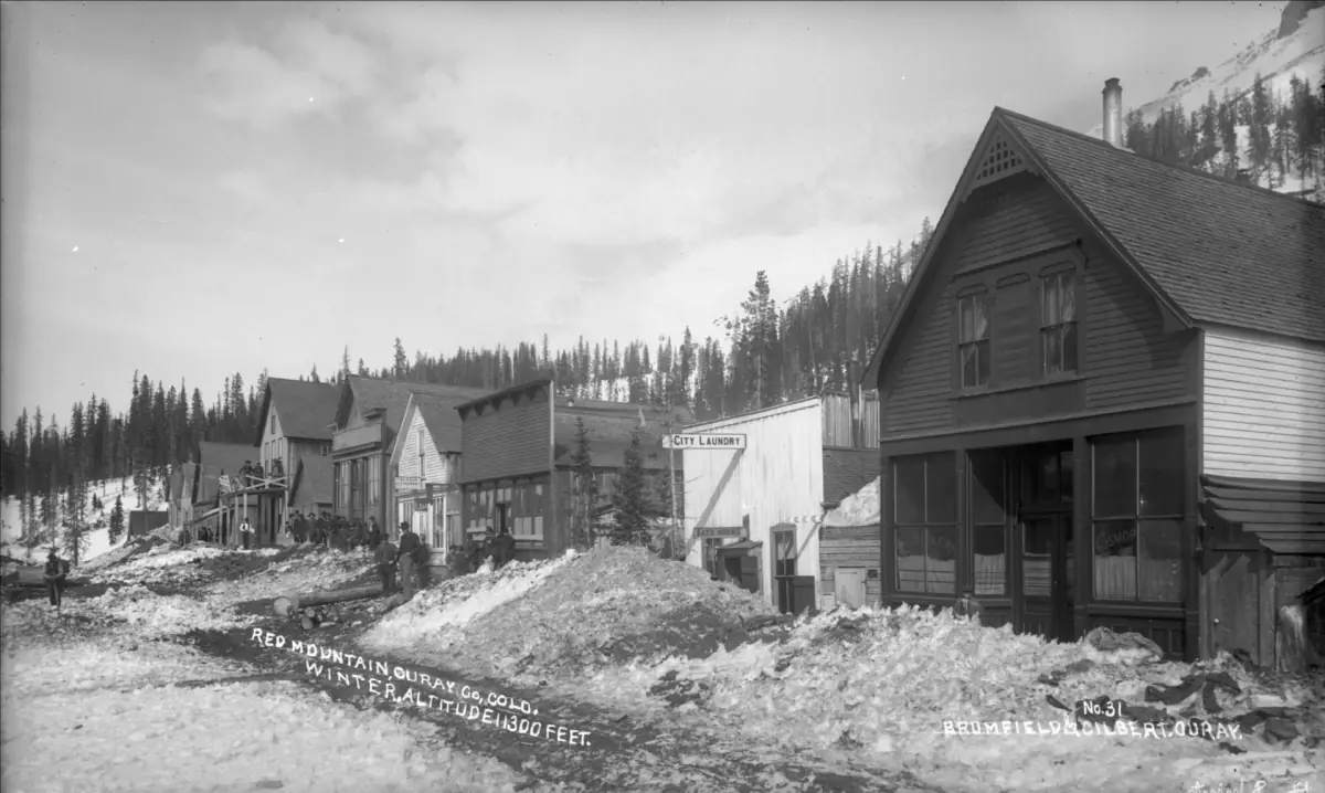 Red Mountain Town's business district in winter, around 1890, from a Brumfield & Gilbert photograph of Ouray.