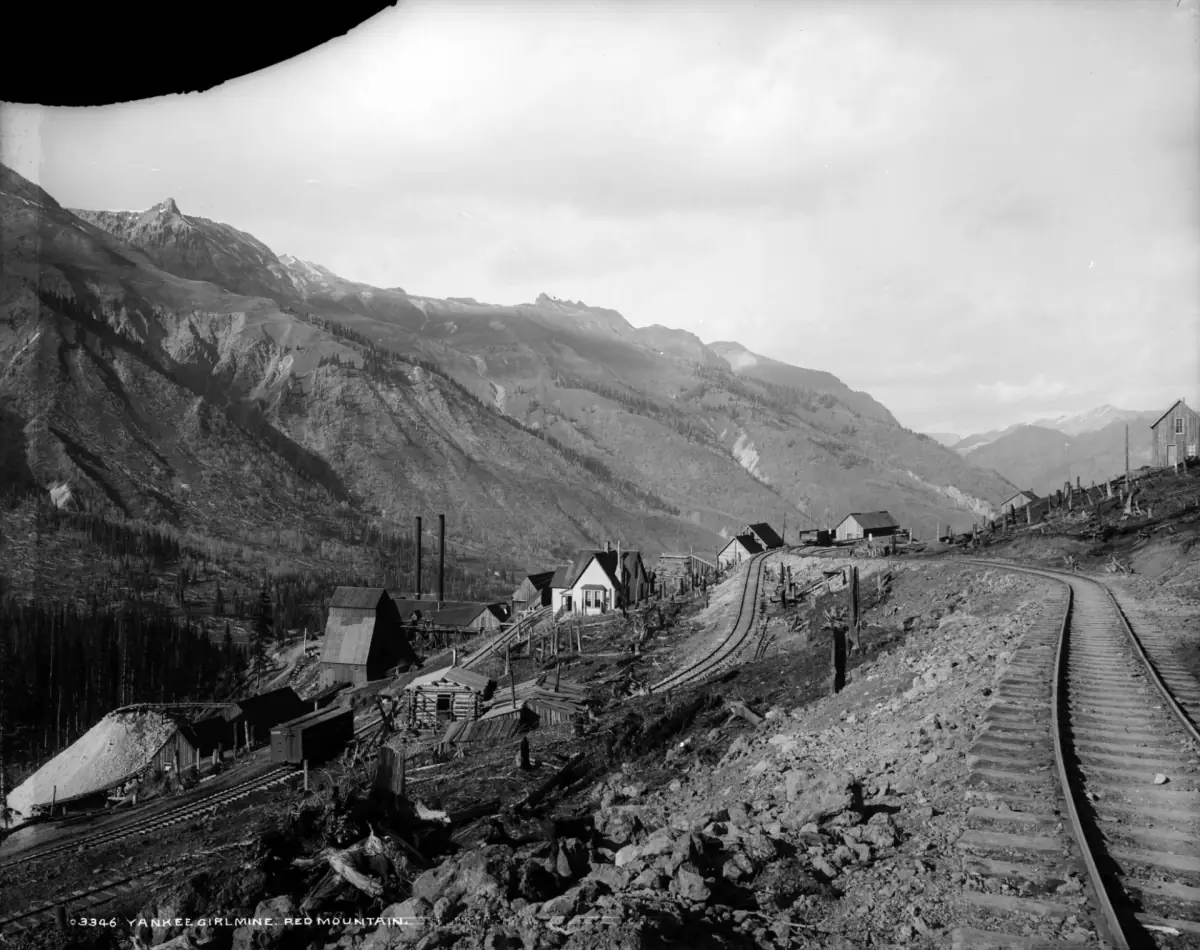 William Henry Jackson's view of the Yankee Girl Mine near Guston, seen from the Silverton Railroad tracks that curve along the hillside.